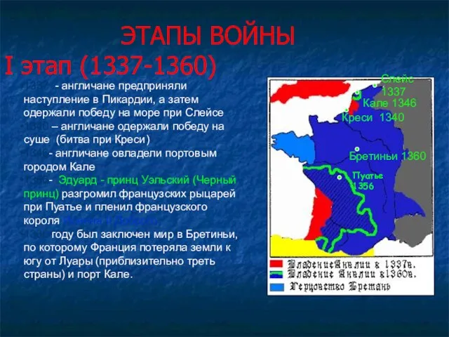 ЭТАПЫ ВОЙНЫ I этап (1337-1360) 1337 - англичане предприняли наступление в