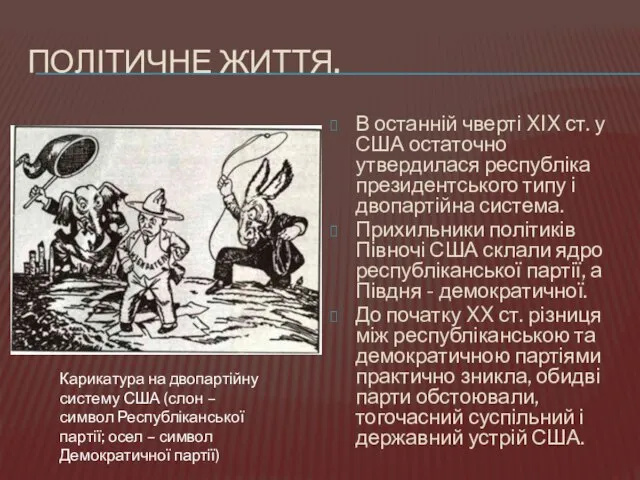 ПОЛІТИЧНЕ ЖИТТЯ. В останній чверті XIX ст. у США остаточно утвердилася