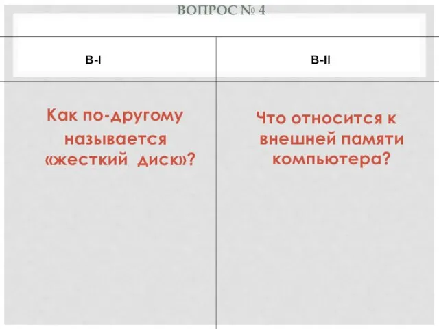 ВОПРОС № 4 Как по-другому называется «жесткий диск»? Что относится к внешней памяти компьютера? В-I В-II