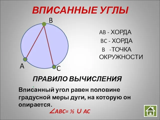 ВПИСАННЫЕ УГЛЫ AB - ХОРДА BC - ХОРДА B -ТОЧКА ОКРУЖНОСТИ