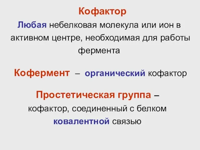 Кофермент – органический кофактор Простетическая группа – кофактор, соединенный с белком