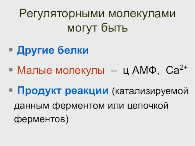 Регуляторными молекулами могут быть Другие белки Малые молекулы – ц АМФ,