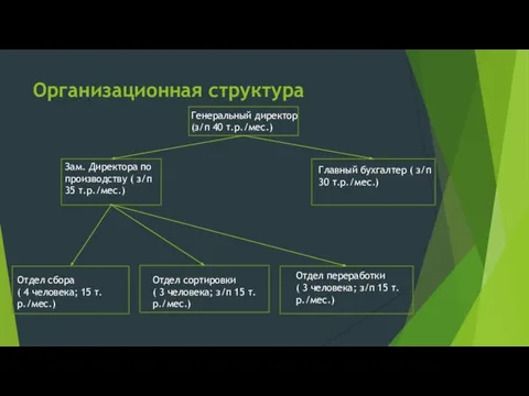 Организационная структура Генеральный директор (з/п 40 т.р./мес.) Зам. Директора по производству