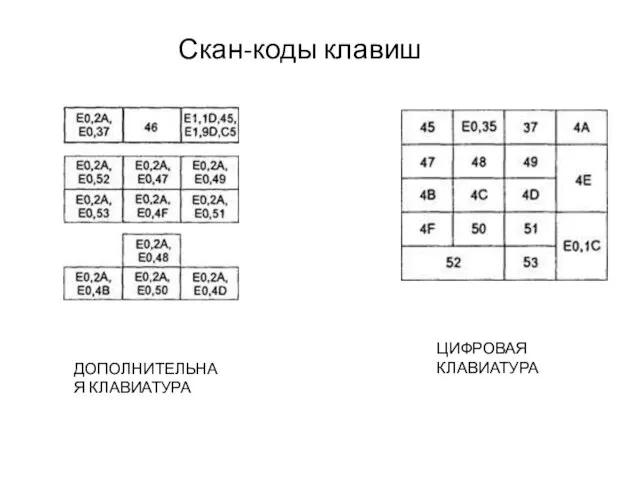 Скан-коды клавиш ЦИФРОВАЯ КЛАВИАТУРА ДОПОЛНИТЕЛЬНАЯ КЛАВИАТУРА