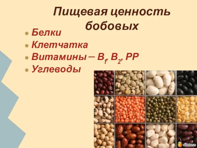 Пищевая ценность бобовых Белки Клетчатка Витамины – В1, В2, РР Углеводы