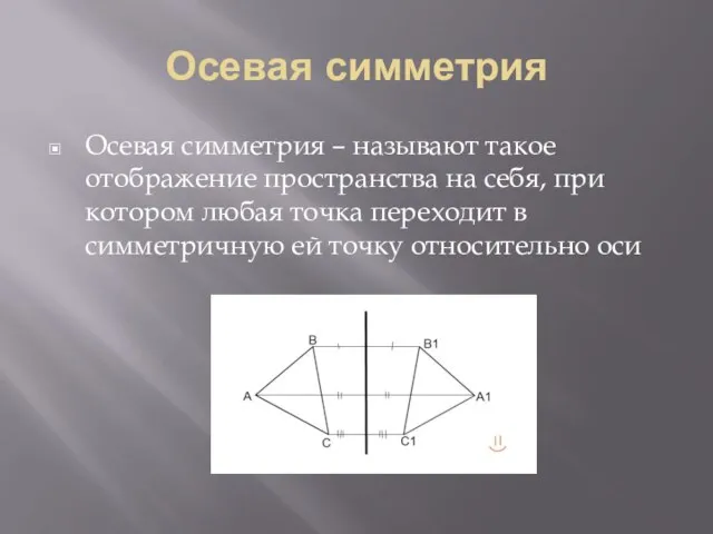 Осевая симметрия Осевая симметрия – называют такое отображение пространства на себя,