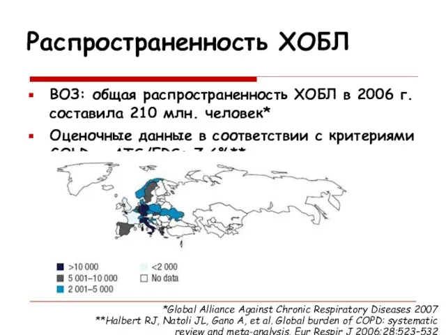 Распространенность ХОБЛ ВОЗ: общая распространенность ХОБЛ в 2006 г. составила 210