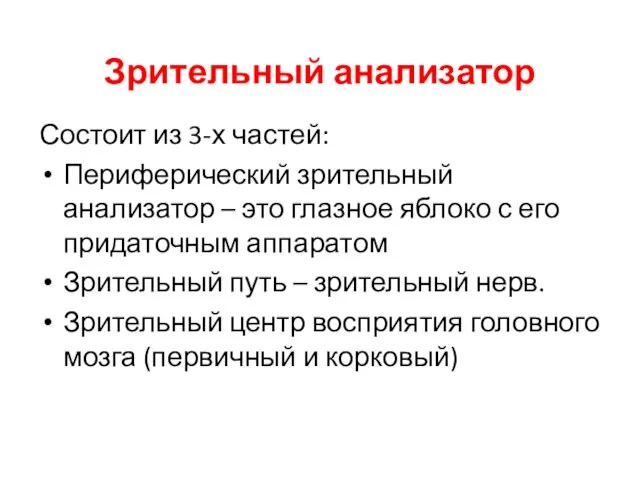 Зрительный анализатор Состоит из 3-х частей: Периферический зрительный анализатор – это