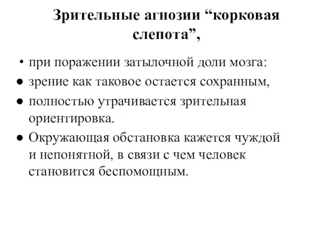 Зрительные агнозии “корковая слепота”, при поражении затылочной доли мозга: зрение как