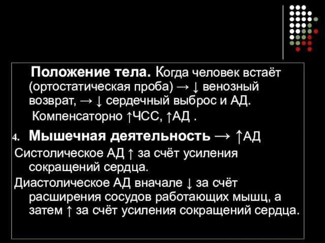 Положение тела. Когда человек встаёт (ортостатическая проба) → ↓ венозный возврат,