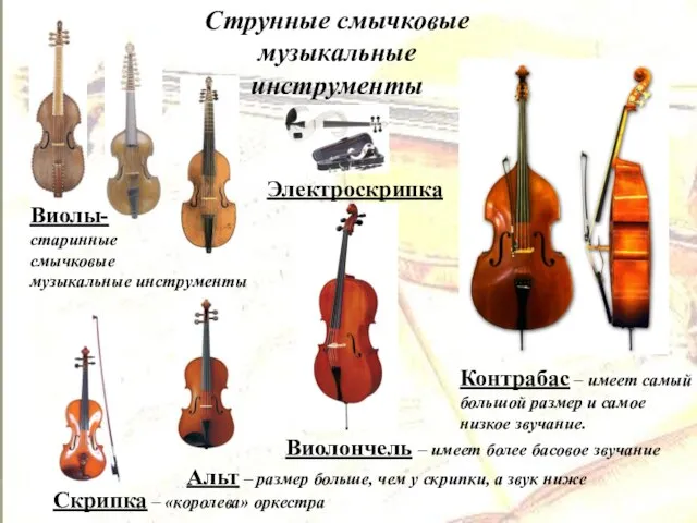 Струнные смычковые музыкальные инструменты Виолы- старинные смычковые музыкальные инструменты Скрипка –