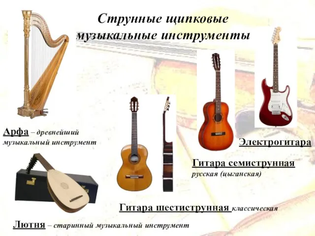 Струнные щипковые музыкальные инструменты Арфа – древнейший музыкальный инструмент Лютня –