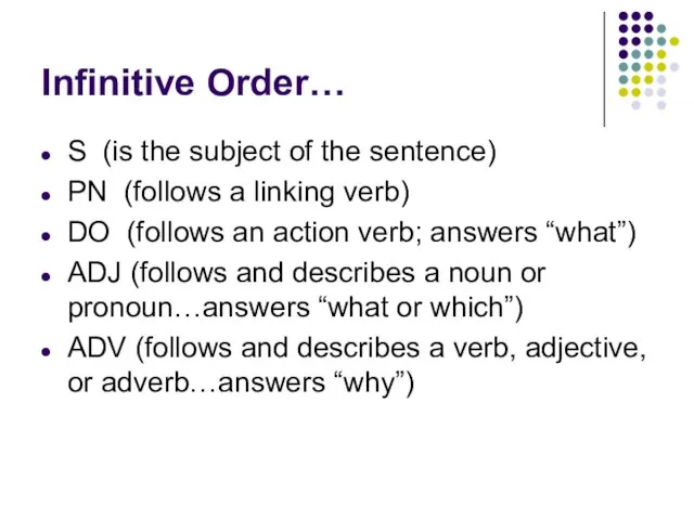 Infinitive Order… S (is the subject of the sentence) PN (follows