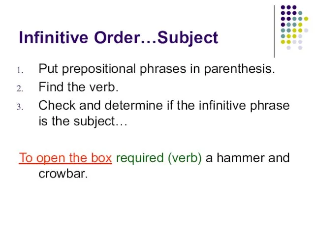 Infinitive Order…Subject Put prepositional phrases in parenthesis. Find the verb. Check