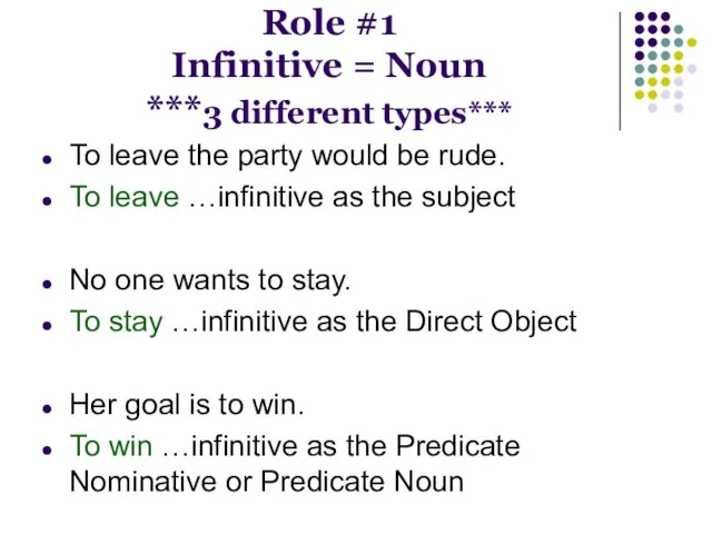 Role #1 Infinitive = Noun ***3 different types*** To leave the