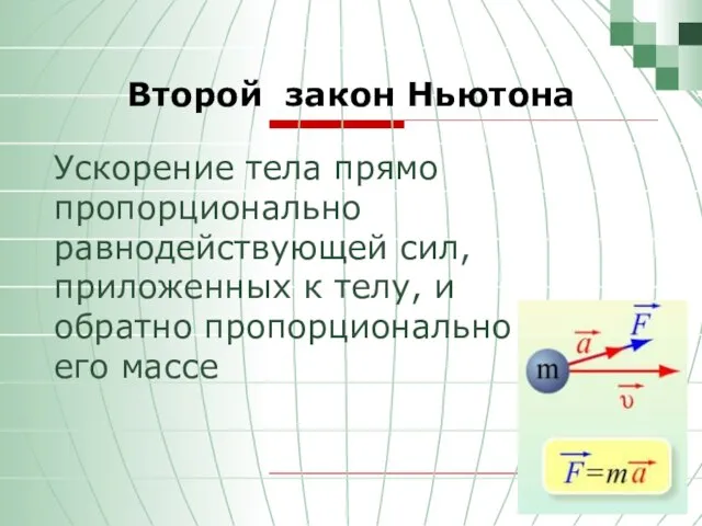 Второй закон Ньютона Ускорение тела прямо пропорционально равнодействующей сил, приложенных к