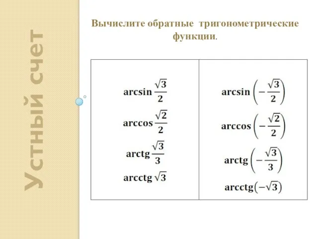 Устный счет Вычислите обратные тригонометрические функции.