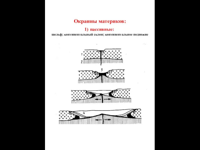 Окраины материков: пассивные: шельф; континентальный склон; континентальное подножие