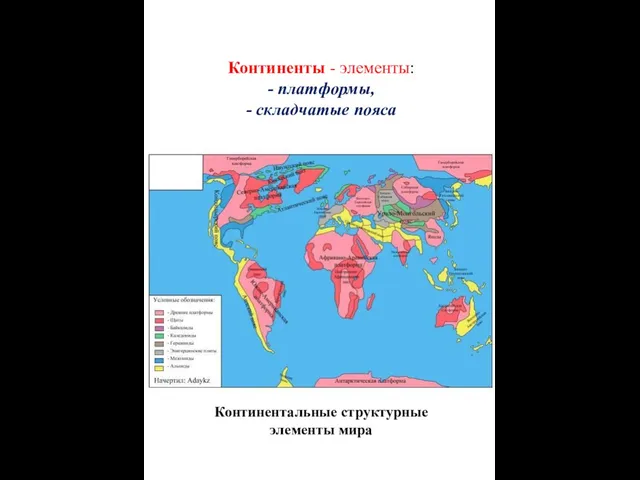 Континенты - элементы: - платформы, - складчатые пояса Континентальные структурные элементы мира