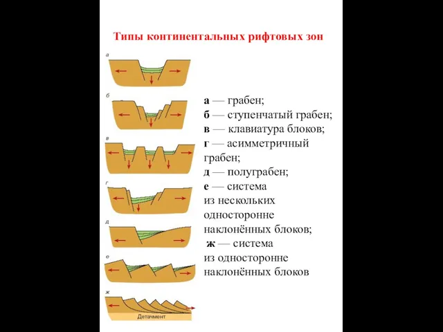 Типы континентальных рифтовых зон а — грабен; б — ступенчатый грабен;