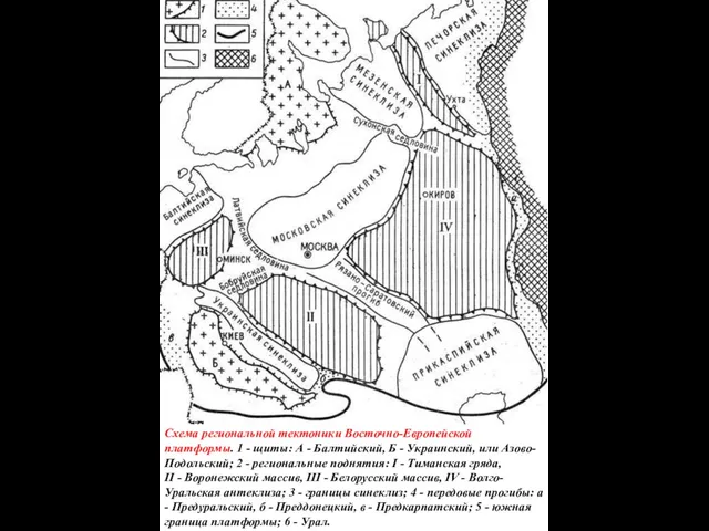 Схема региональной тектоники Восточно-Европейской платформы. 1 - щиты: А - Балтийский,