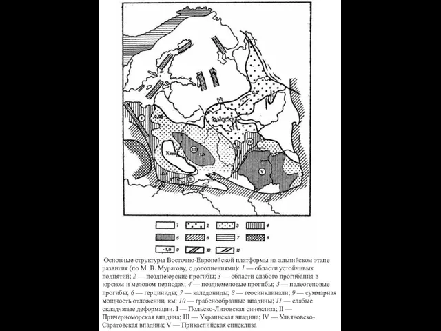 Основные структуры Восточно-Европейской платформы на альпийском этапе развития (по М. В.