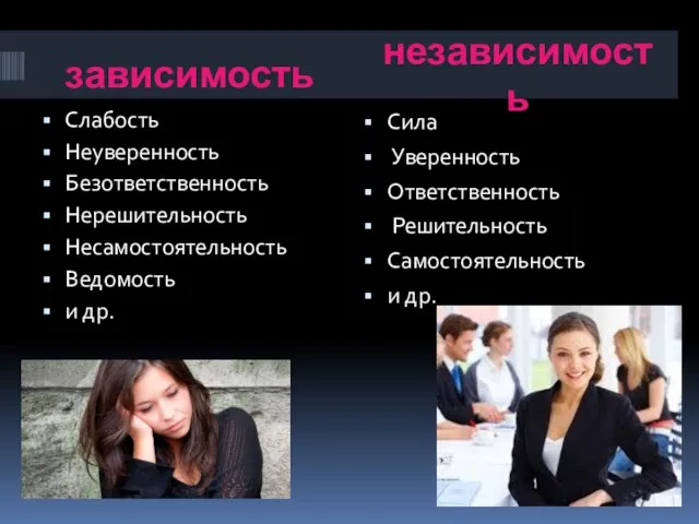 зависимость независимость Слабость Неуверенность Безответственность Нерешительность Несамостоятельность Ведомость и др. Сила