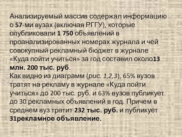 Анализируемый массив содержал информацию о 57-ми вузах (включая РГГУ), которые опубликовали