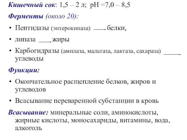 Кишечный сок: 1,5 – 2 л; рН =7,0 – 8,5 Ферменты