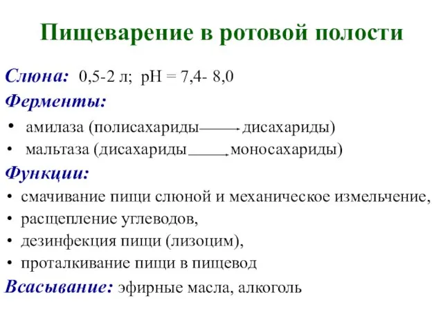 Пищеварение в ротовой полости Слюна: 0,5-2 л; рН = 7,4- 8,0