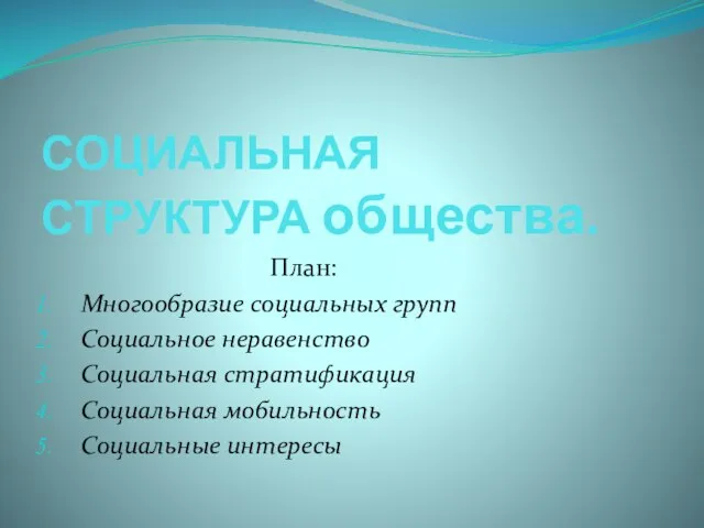 СОЦИАЛЬНАЯ СТРУКТУРА общества. План: Многообразие социальных групп Социальное неравенство Социальная стратификация Социальная мобильность Социальные интересы