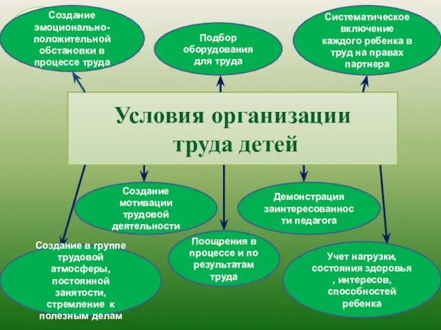 Условия организации труда детей Создание эмоционально-положительной обстановки в процессе труда Подбор