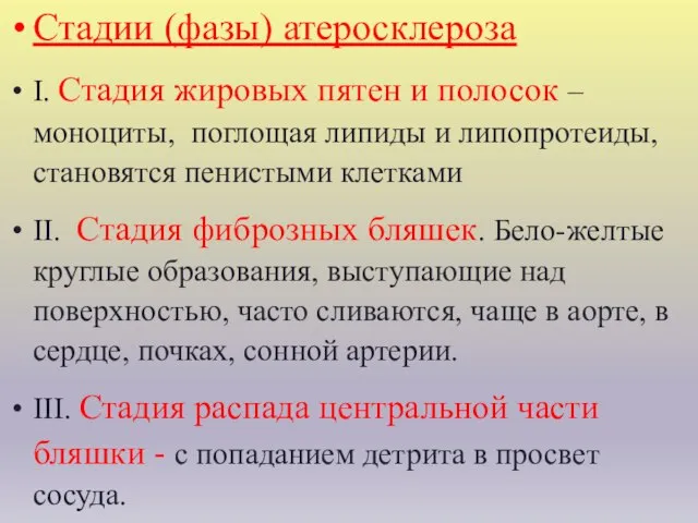 Стадии (фазы) атеросклероза I. Стадия жировых пятен и полосок – моноциты,