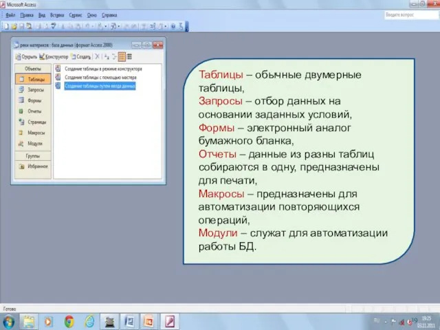 Таблицы – обычные двумерные таблицы, Запросы – отбор данных на основании