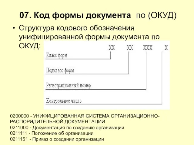 07. Код формы документа по (ОКУД) Структура кодового обозначения унифицированной формы