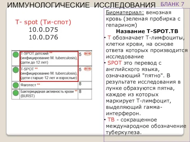 Биоматериал: венозная кровь (зеленая пробирка с гепарином) Название T-SPOT.TB T обозначает