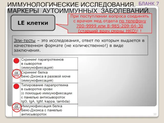 LE клетки ИММУНОЛОГИЧЕСКИЕ ИССЛЕДОВАНИЯ. МАРКЕРЫ АУТОИММУННЫХ ЗАБОЛЕВАНИЙ. БЛАНК 7 Эли-тесты –