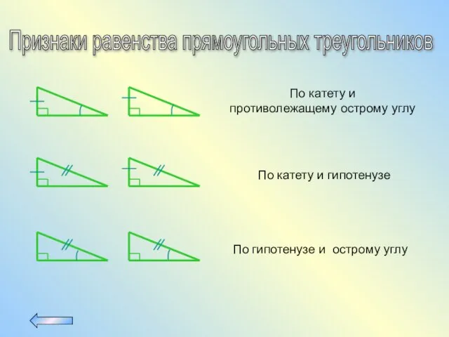 Признаки равенства прямоугольных треугольников По катету и противолежащему острому углу По