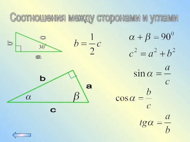 Соотношения между сторонами и углами a b c a b c