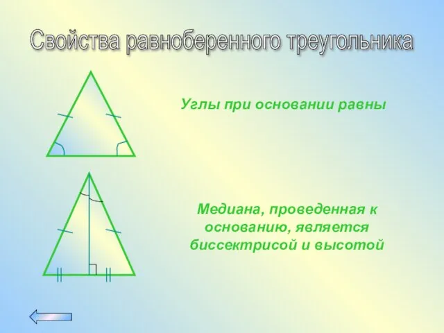 Свойства равноберенного треугольника Углы при основании равны Медиана, проведенная к основанию, является биссектрисой и высотой