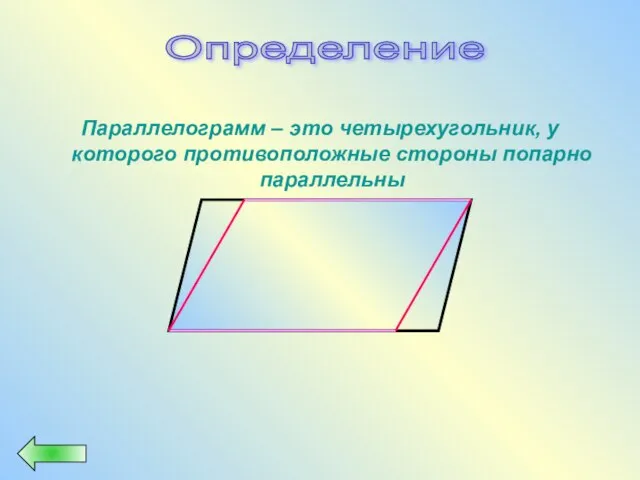 Параллелограмм – это четырехугольник, у которого противоположные стороны попарно параллельны Определение