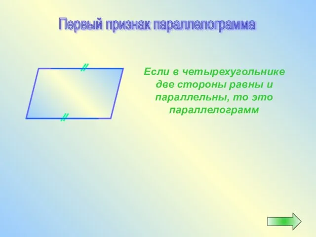 Если в четырехугольнике две стороны равны и параллельны, то это параллелограмм Первый признак параллелограмма