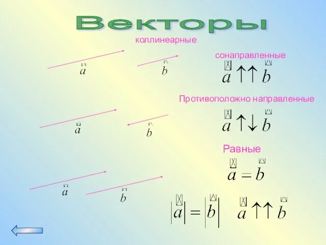 Векторы сонаправленные Противоположно направленные коллинеарные Равные