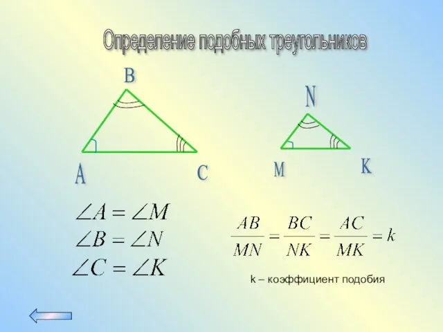 Определение подобных треугольников C A B N K M k – коэффициент подобия