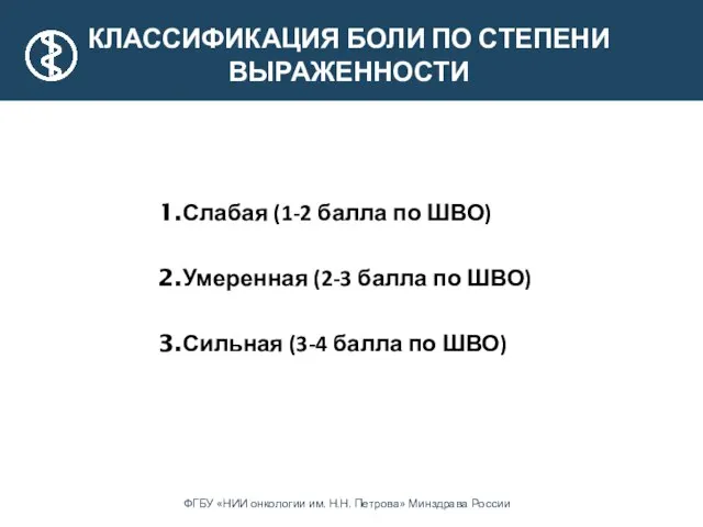 КЛАССИФИКАЦИЯ БОЛИ ПО СТЕПЕНИ ВЫРАЖЕННОСТИ Слабая (1-2 балла по ШВО) Умеренная