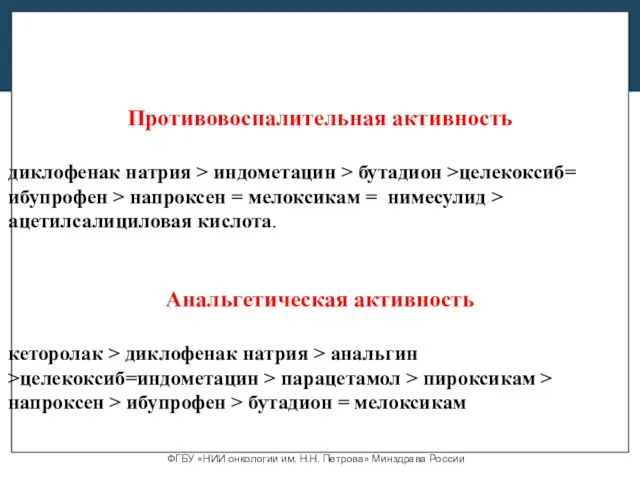 Противовоспалительная активность диклофенак натрия > индометацин > бутадион >целекоксиб= ибупрофен >