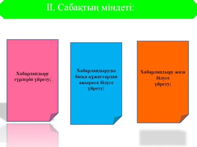 ІІ. Сабақтың міндеті: Хабарландыру түрлерін үйрету; Хабарландыру жаза білуге үйрету; Хабарландыруды басқа құжаттардан ажырата білуге үйрету;