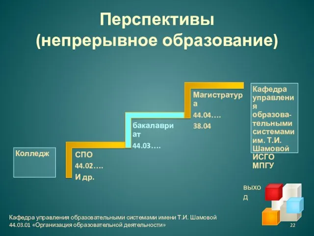 Перспективы (непрерывное образование) выход Кафедра управления образовательными системами имени Т.И. Шамовой