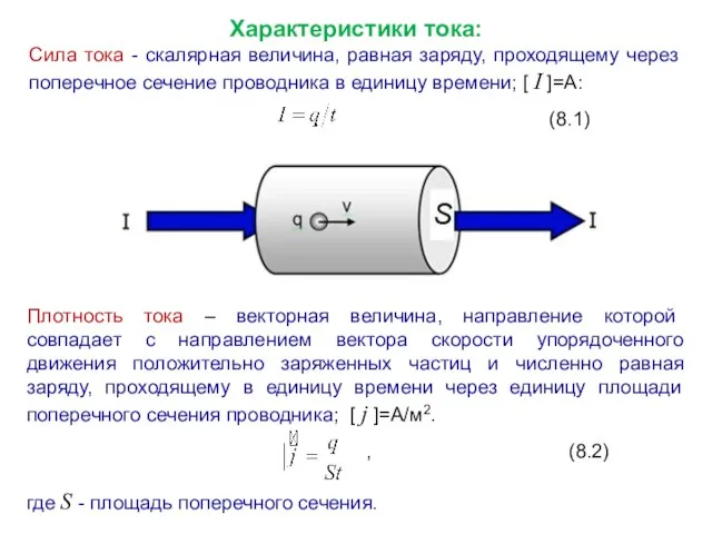 Характеристики тока: Сила тока - скалярная величина, равная заряду, проходящему через