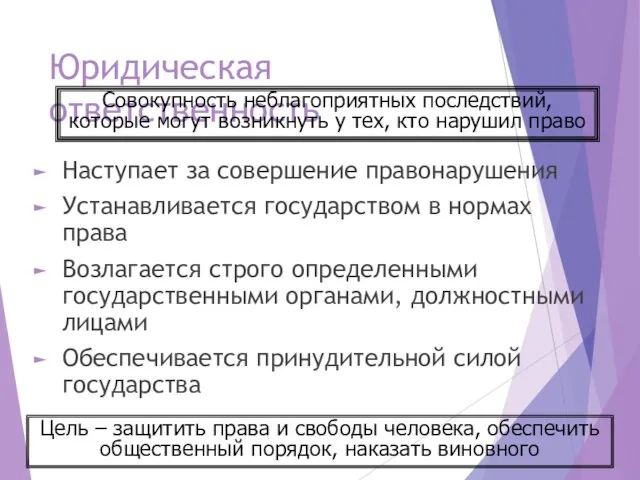 Юридическая ответственность Наступает за совершение правонарушения Устанавливается государством в нормах права